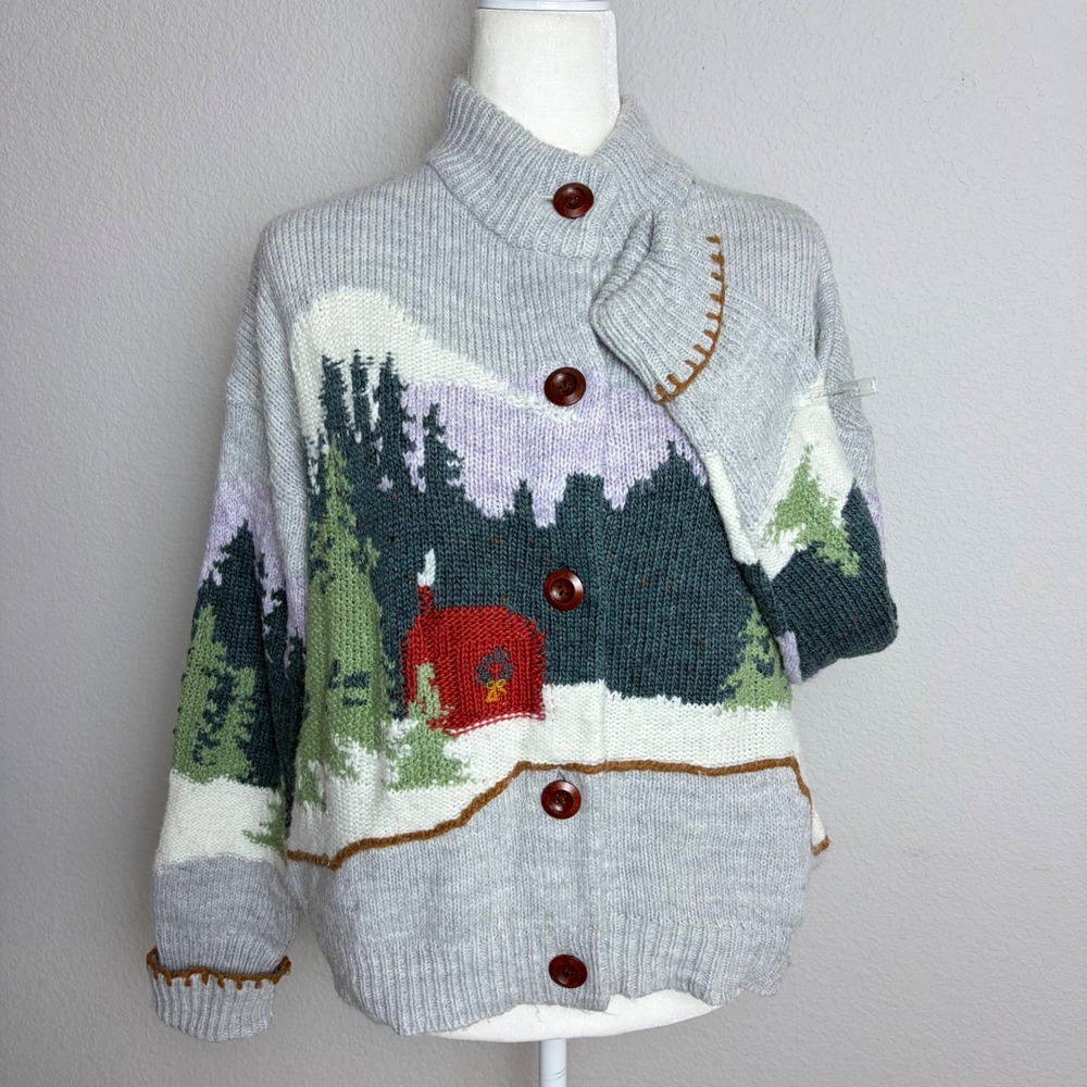 Sundance Gray Winter Landscape Intarsia Knit Button Front Cardigan Sweater L